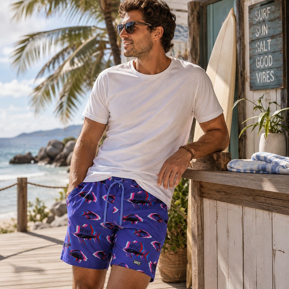 Saxx Betawave 2N1 Board Shorts Mens 30 Blue Fish Print BallPark Pouch DropTemp‎